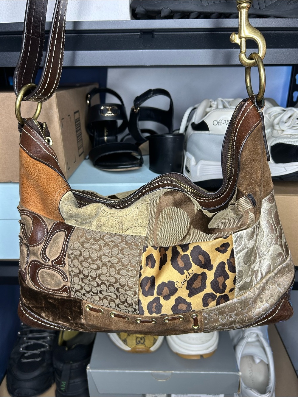 VTG Y2K Coach Patchwork Shoulder Bag Purse Brown Leather Suede Jacquard F12842 - Picture 6 of 11